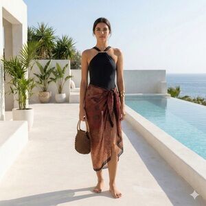 Vintage 1980s - 1990s brown & black patterned large silk sarong wrap scarf